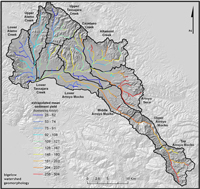 Estimated sediment yield (driven by slope gradient and hillslope curvature/convergence) aggregated down through the mainstem stream network of Arroyo Mocho watershed