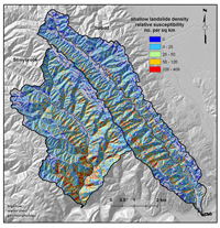 Relative susceptibility to shallow landslides (driven by slope gradient and hillslope curvature/convergence) at the pixel scale in Stonybrook and Sinbad Creek watersheds