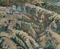 Debris flow susceptibility (Miller and Burnett 2008) overlain on Google Earth imagery for Stonybrook Creek watershed